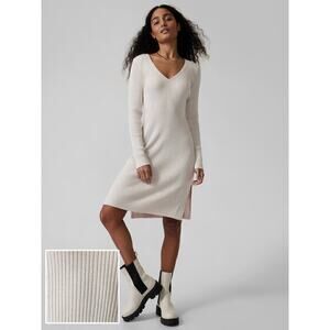 Athleta Reverie Scoop V-Neck Long Sleeve Ribbed Sweater Dress Sea Salt Cream S